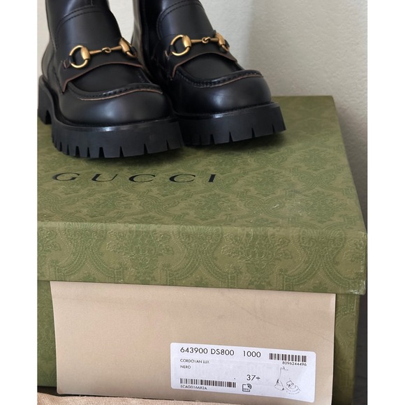 NIB Gucci Cordovan Lux Black Leather Horsebit Bee Embroidered Combat Boots 37.5 - Picture 14 of 15